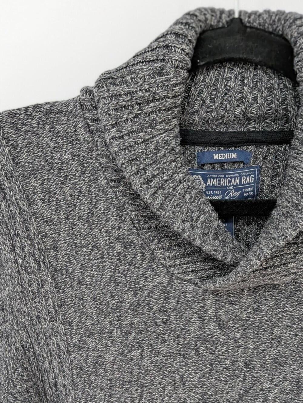 American Rag Medium Shawl Collar 100% Cotton Gray Heather Ribbed Sleeve Sweater - Picture 7 of 9